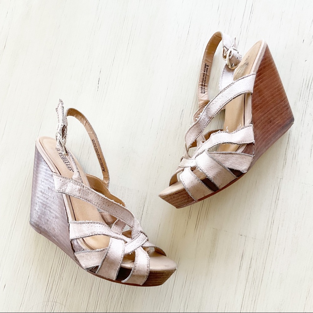 Seychelles Wooden Wedge Platform Heel Sandals Beige Leather size 8